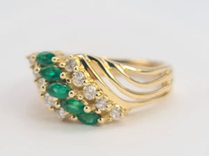 0418: Vintage: 14ct Gold Emeralds Diamonds Openwork Ring- lovely combination