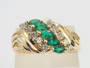 0418: Vintage: 14ct Gold Emeralds Diamonds Openwork Ring- lovely combination