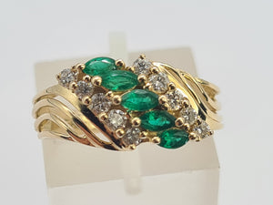 0418: Vintage: 14ct Gold Emeralds Diamonds Openwork Ring- lovely combination