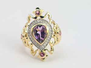 0428: Vintage: Exceptional 14ct Gold Amethyst 8 Diamonds Art Deco Style Ring