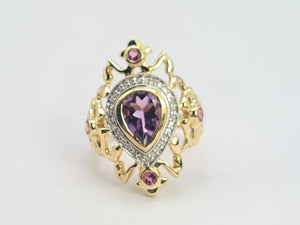 0428: Vintage: Exceptional 14ct Gold Amethyst 8 Diamonds Art Deco Style Ring