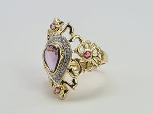 0428: Vintage: Exceptional 14ct Gold Amethyst 8 Diamonds Art Deco Style Ring