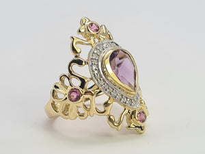 0428: Vintage: Exceptional 14ct Gold Amethyst 8 Diamonds Art Deco Style Ring