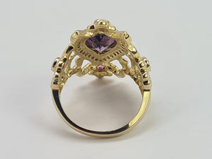 0428: Vintage: Exceptional 14ct Gold Amethyst 8 Diamonds Art Deco Style Ring