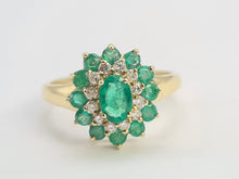 Load image into Gallery viewer, 0561: Vintage: 9ct Gold Emeralds Diamonds Flower Head Ring- simply gorgeous
