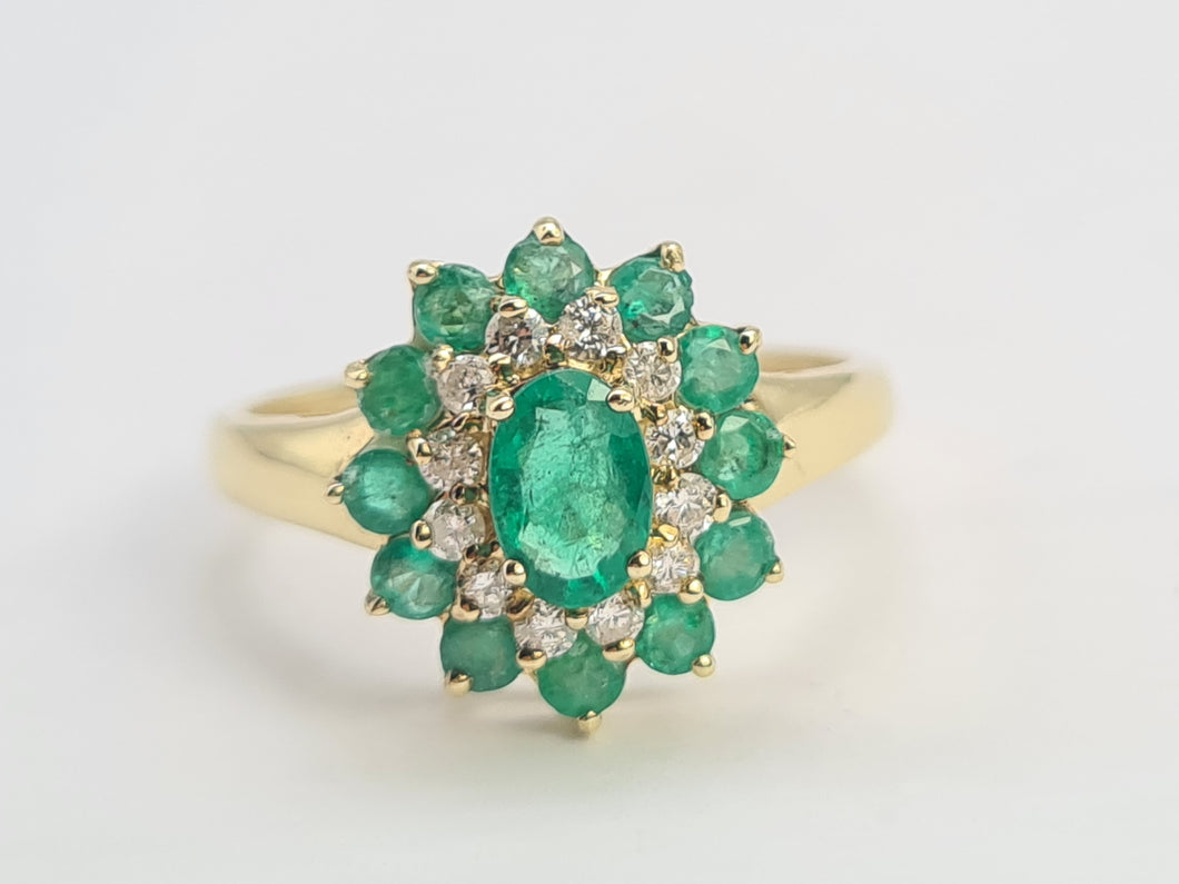 0561: Vintage: 9ct Gold Emeralds Diamonds Flower Head Ring- simply gorgeous