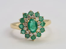 Load image into Gallery viewer, 0561: Vintage: 9ct Gold Emeralds Diamonds Flower Head Ring- simply gorgeous
