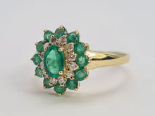 Load image into Gallery viewer, 0561: Vintage: 9ct Gold Emeralds Diamonds Flower Head Ring- simply gorgeous
