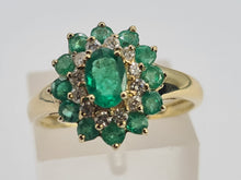 Load image into Gallery viewer, 0561: Vintage: 9ct Gold Emeralds Diamonds Flower Head Ring- simply gorgeous
