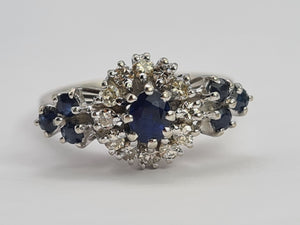 0655: Vintage: 18ct White Gold French Blue Sapphires Diamonds Art Deco Style Ring- Date Mark 1975