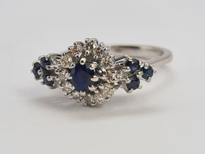 0655: Vintage: 18ct White Gold French Blue Sapphires Diamonds Art Deco Style Ring- Date Mark 1975