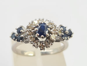 0655: Vintage: 18ct White Gold French Blue Sapphires Diamonds Art Deco Style Ring- Date Mark 1975