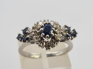 0655: Vintage: 18ct White Gold French Blue Sapphires Diamonds Art Deco Style Ring- Date Mark 1975