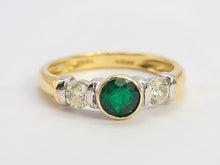 Load image into Gallery viewer, 0671: Vintage: 18ct Yellow Gold Emerald Diamonds 3 Stones Art Deco Style Ring
