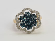 Load image into Gallery viewer, 0710: Vintage: 9ct Gold Blue &amp; White Diamonds Flower Head Ring-86 natural, sparkling stones
