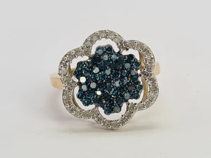 0710: Vintage: 9ct Gold Blue & White Diamonds Flower Head Ring-86 natural, sparkling stones