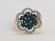 Load image into Gallery viewer, 0710: Vintage: 9ct Gold Blue &amp; White Diamonds Flower Head Ring-86 natural, sparkling stones
