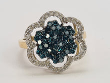 Load image into Gallery viewer, 0710: Vintage: 9ct Gold Blue &amp; White Diamonds Flower Head Ring-86 natural, sparkling stones
