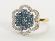 Load image into Gallery viewer, 0710: Vintage: 9ct Gold Blue &amp; White Diamonds Flower Head Ring-86 natural, sparkling stones
