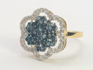 0710: Vintage: 9ct Gold Blue & White Diamonds Flower Head Ring-86 natural, sparkling stones