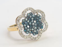 Load image into Gallery viewer, 0710: Vintage: 9ct Gold Blue &amp; White Diamonds Flower Head Ring-86 natural, sparkling stones
