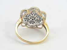 Load image into Gallery viewer, 0710: Vintage: 9ct Gold Blue &amp; White Diamonds Flower Head Ring-86 natural, sparkling stones
