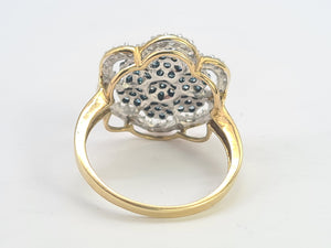 0710: Vintage: 9ct Gold Blue & White Diamonds Flower Head Ring-86 natural, sparkling stones