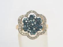 Load image into Gallery viewer, 0710: Vintage: 9ct Gold Blue &amp; White Diamonds Flower Head Ring-86 natural, sparkling stones
