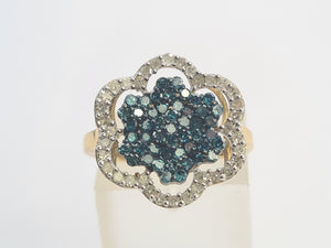 0710: Vintage: 9ct Gold Blue & White Diamonds Flower Head Ring-86 natural, sparkling stones