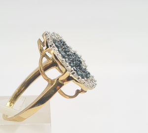 0710: Vintage: 9ct Gold Blue & White Diamonds Flower Head Ring-86 natural, sparkling stones