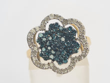 Load image into Gallery viewer, 0710: Vintage: 9ct Gold Blue &amp; White Diamonds Flower Head Ring-86 natural, sparkling stones
