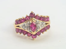 Cargar imagen en el visor de la galería, 0714: Vintage: 14ct Gold Art Deco Style Rubies Diamonds Cluster Ring- striking design
