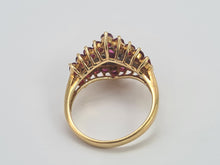 Cargar imagen en el visor de la galería, 0714: Vintage: 14ct Gold Art Deco Style Rubies Diamonds Cluster Ring- striking design
