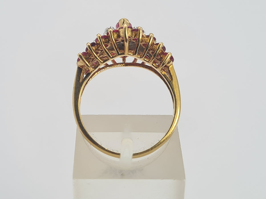 Vintage: 14ct Gold Art Deco Style Ruby & Diamond Cluster Ring