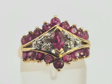 Cargar imagen en el visor de la galería, 0714: Vintage: 14ct Gold Art Deco Style Rubies Diamonds Cluster Ring- striking design
