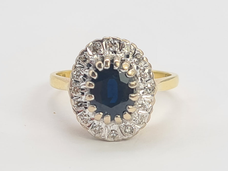 0754 Vintage: 18ct Yellow Gold French Blue Sapphire & 16 Diamond Diana Cluster Ring — From 1980