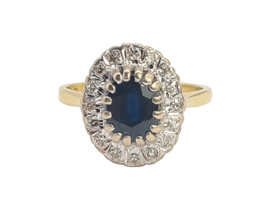 0754 Vintage: 18ct Yellow Gold French Blue Sapphire & 16 Diamond Diana Cluster Ring — From 1980