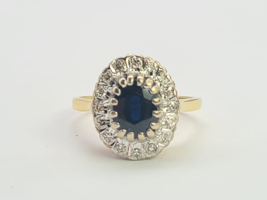 0754 Vintage: 18ct Yellow Gold French Blue Sapphire & 16 Diamond Diana Cluster Ring — From 1980