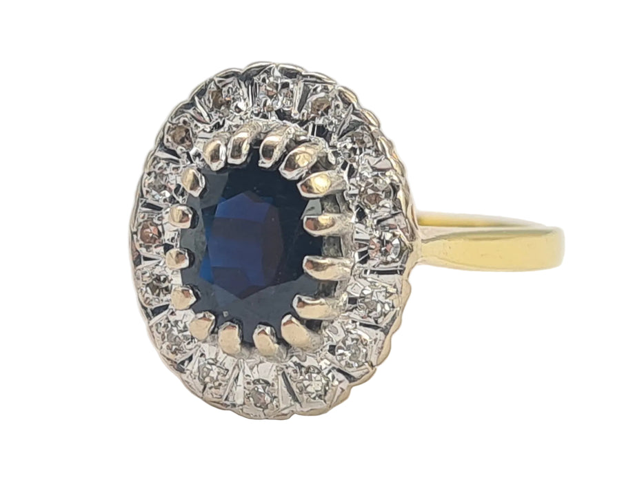 0754 Vintage: 18ct Yellow Gold French Blue Sapphire & 16 Diamond Diana Cluster Ring — From 1980