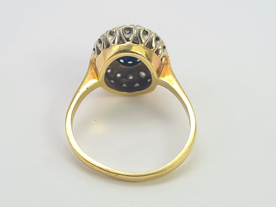 0754 Vintage: 18ct Yellow Gold French Blue Sapphire & 16 Diamond Diana Cluster Ring — From 1980