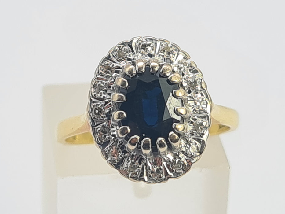 0754 Vintage: 18ct Yellow Gold French Blue Sapphire & 16 Diamond Diana Cluster Ring — From 1980