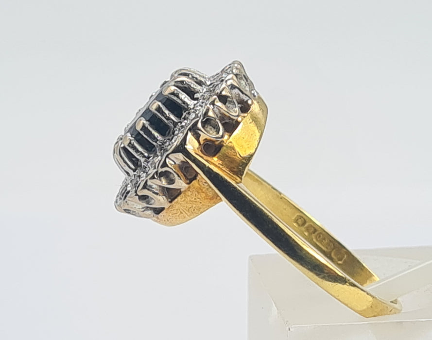 0754 Vintage: 18ct Yellow Gold French Blue Sapphire & 16 Diamond Diana Cluster Ring — From 1980