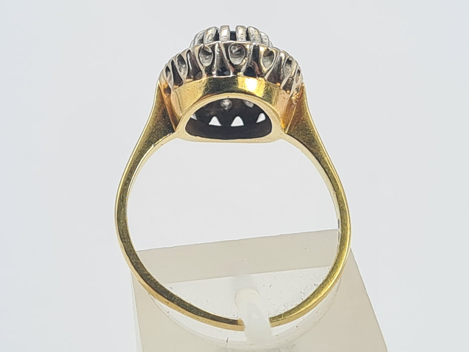 0754 Vintage: 18ct Yellow Gold French Blue Sapphire & 16 Diamond Diana Cluster Ring — From 1980