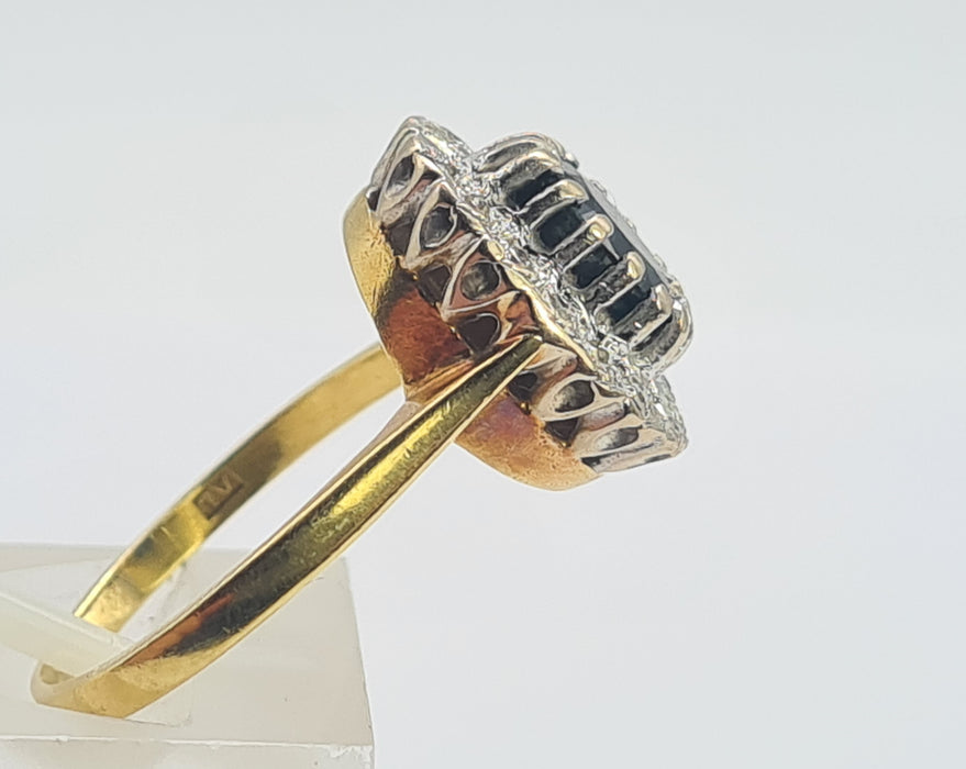 0754 Vintage: 18ct Yellow Gold French Blue Sapphire & 16 Diamond Diana Cluster Ring — From 1980