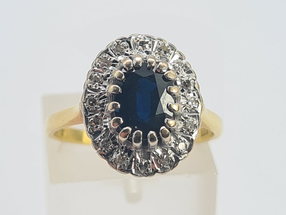 0754 Vintage: 18ct Yellow Gold French Blue Sapphire & 16 Diamond Diana Cluster Ring — From 1980