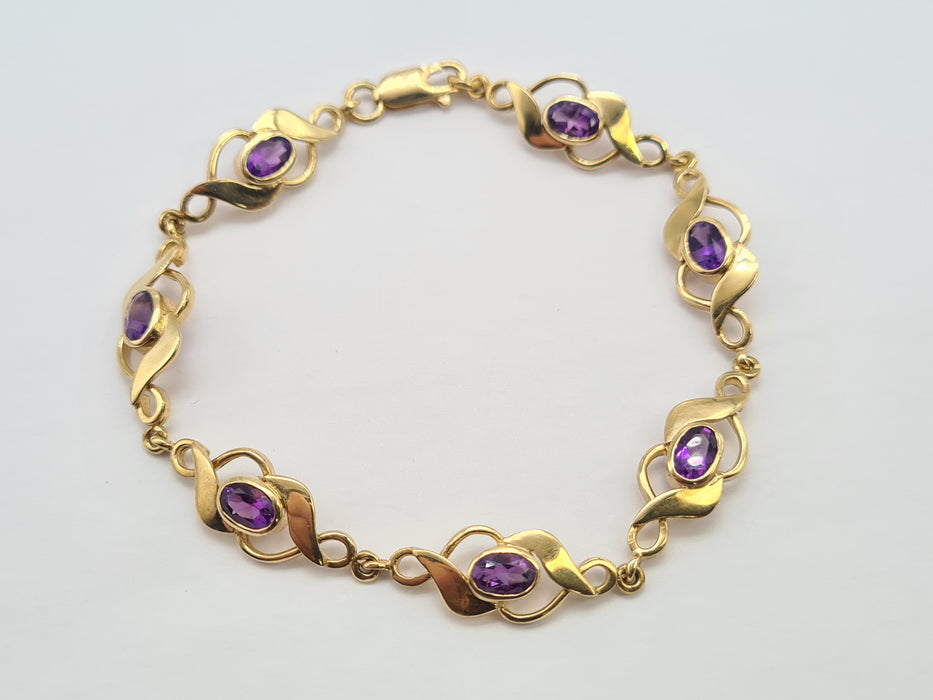 6502 Vintage: 9ct Yellow Gold Amethyst Seven-Stone Link Bracelet