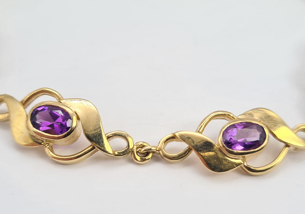 6502 Vintage: 9ct Yellow Gold Amethyst Seven-Stone Link Bracelet