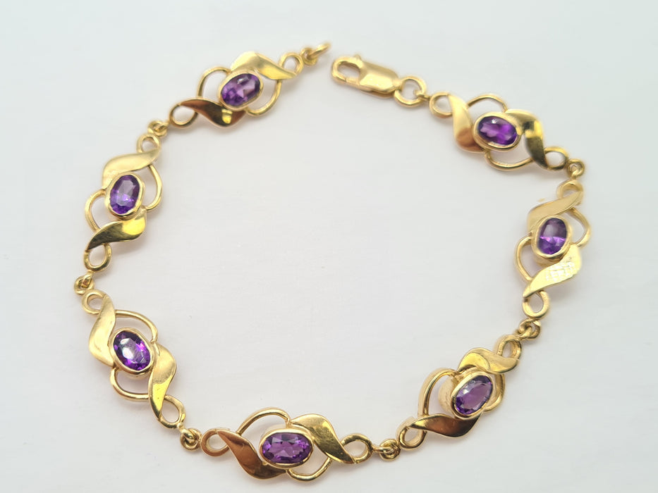 6502 Vintage: 9ct Yellow Gold Amethyst Seven-Stone Link Bracelet