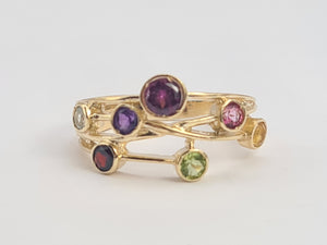 0209: Vintage: Abstract 9ct Gold Multi-Gemstones Cocktail Ring- lovely colour array