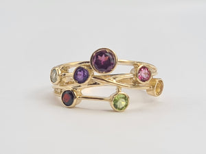 0209: Vintage: Abstract 9ct Gold Multi-Gemstones Cocktail Ring- lovely colour array